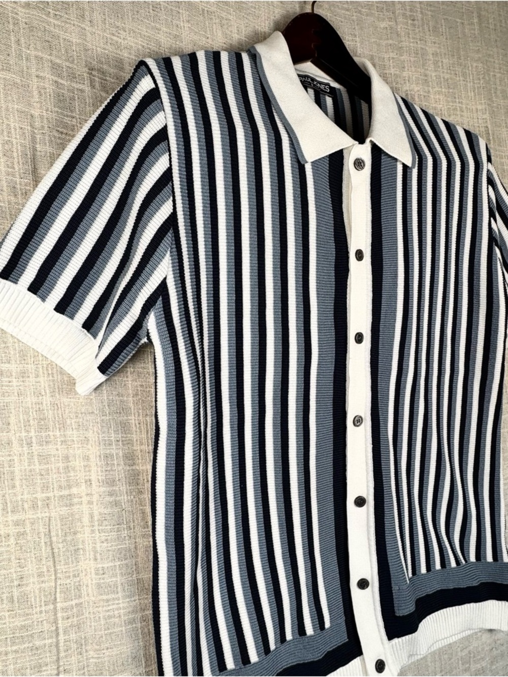 Striped Knit Polo Shirt Blue White Button Front Short Sleeve Men’s Small - Picture 2 of 11